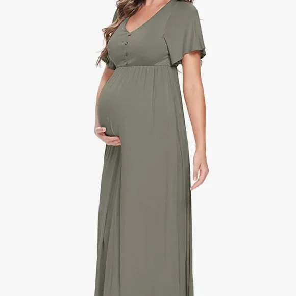 slim fit dress slacks Angel Maternity Lilliana Flowy Maternity Maxi Linen Dress in Olive main image 1